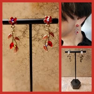 Silvertone Red Rhinestone Dangling Earrings